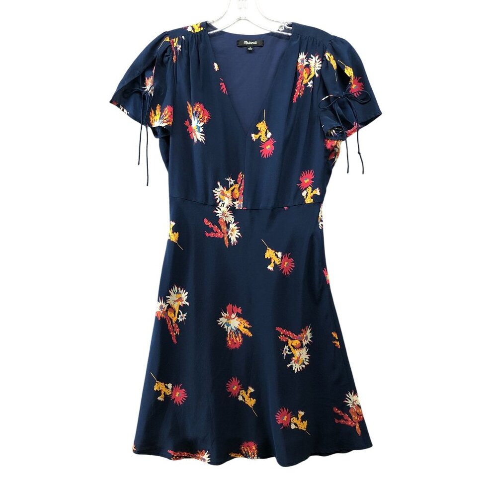 Madewell Sz 0 Poppy Silk Dress V-Neck and Tie Sleeves